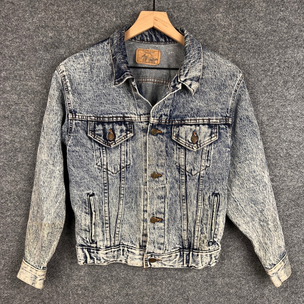 Vintage Plain Pockets‎ Acid Wash Denim Jacket Trucker Style Jean Blue Small